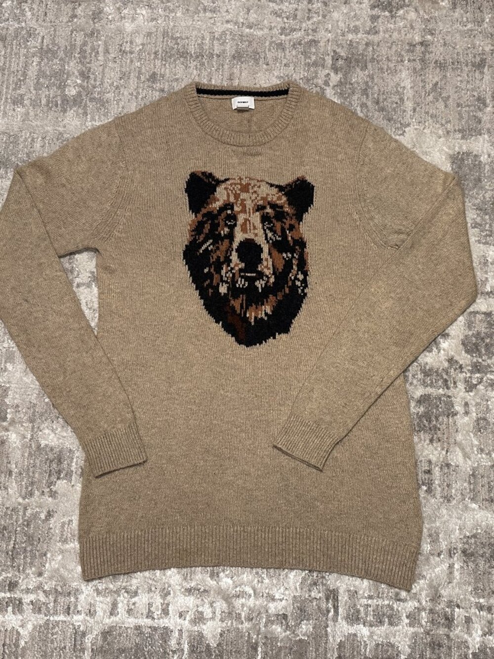 Old Navy Sweater Mens Large Tall Beige Bear Knit Crewneck Pullover Vintage Y2K